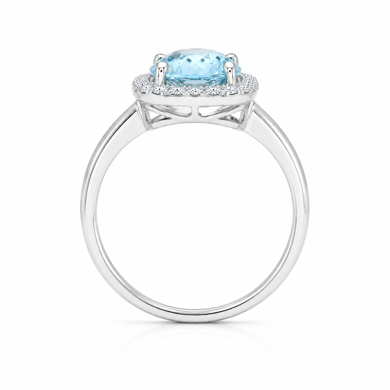Side profile of natural aquamarine gemstone halo ring in 925 sterling silver
