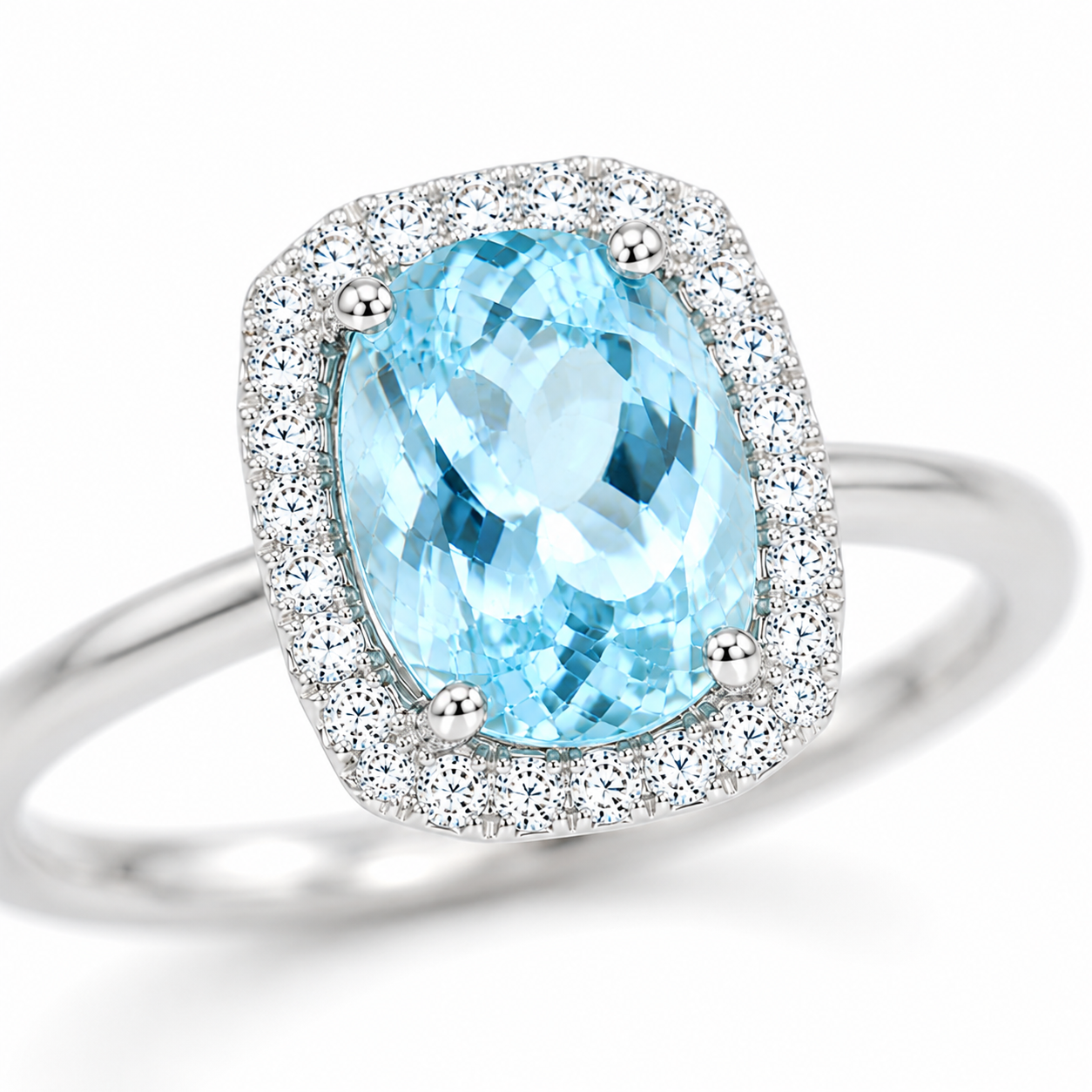 Macro close-up of 8.5x9.5mm natural aquamarine ring with cubic zirconia halo