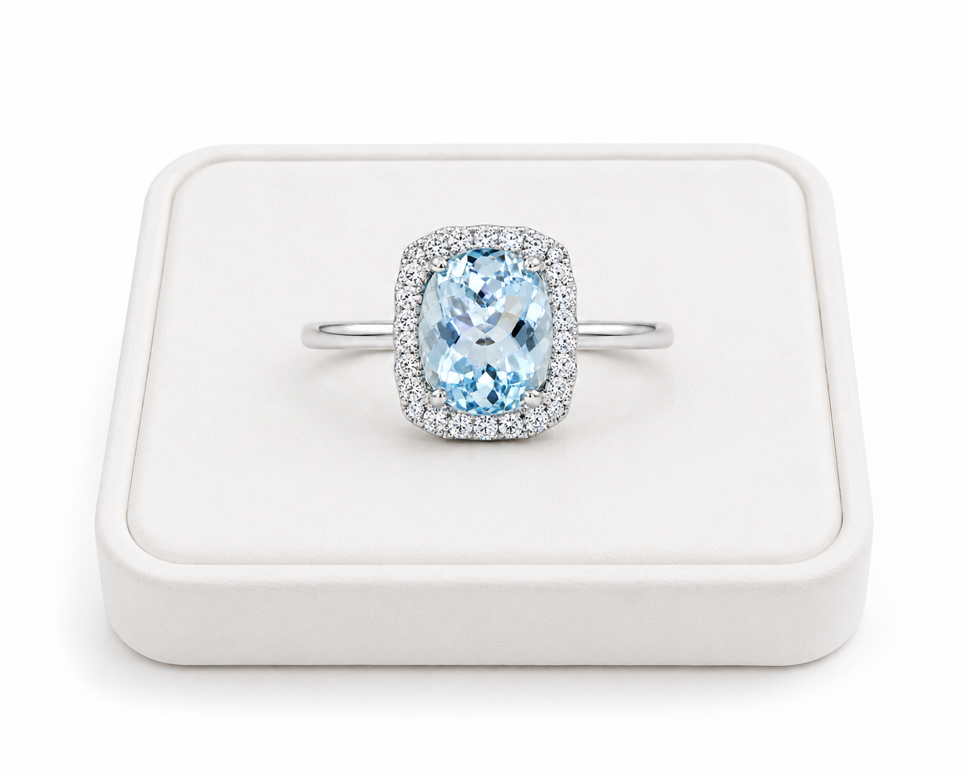 Natural aquamarine halo ring with 8.5x9.5mm gemstone and cubic zirconia accents