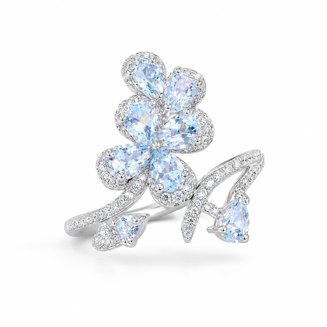 Natural aquamarine floral ring with 3x4mm pear-cut gemstones in sterling silver