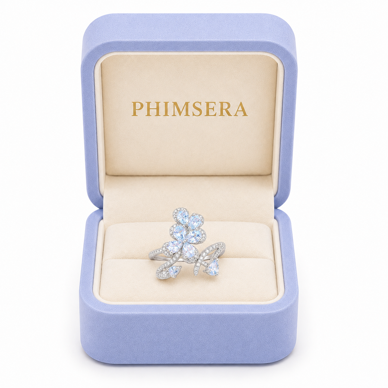 Natural aquamarine floral ring with 3x4mm pear-cut gemstones in sterling silver