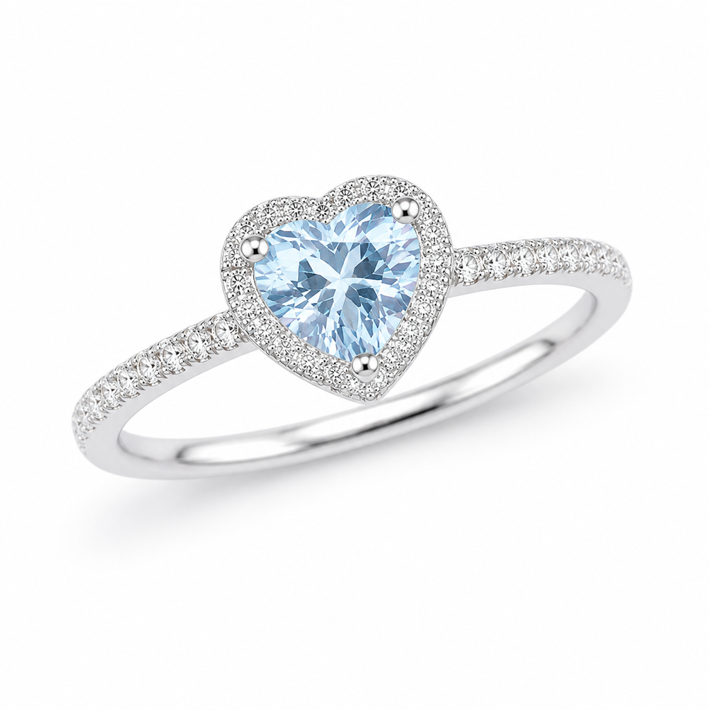 Natural aquamarine heart ring 6mm March birthstone shown at 45 degree angle