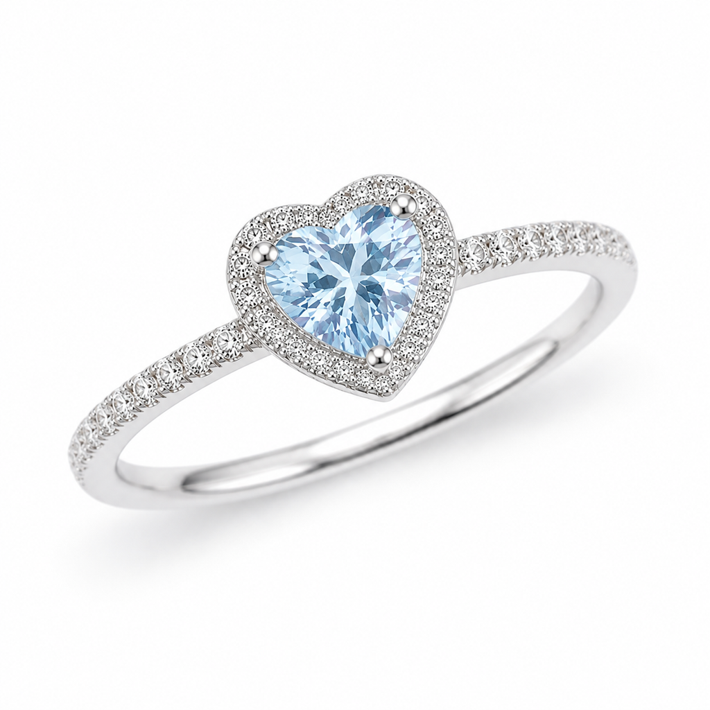 Top view of 6mm natural aquamarine heart-shaped gemstone ring with CZ accents