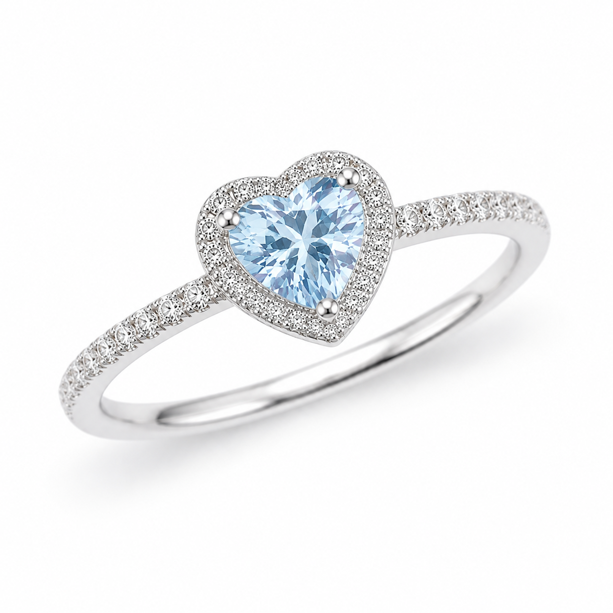 Top view of 6mm natural aquamarine heart-shaped gemstone ring with CZ accents
