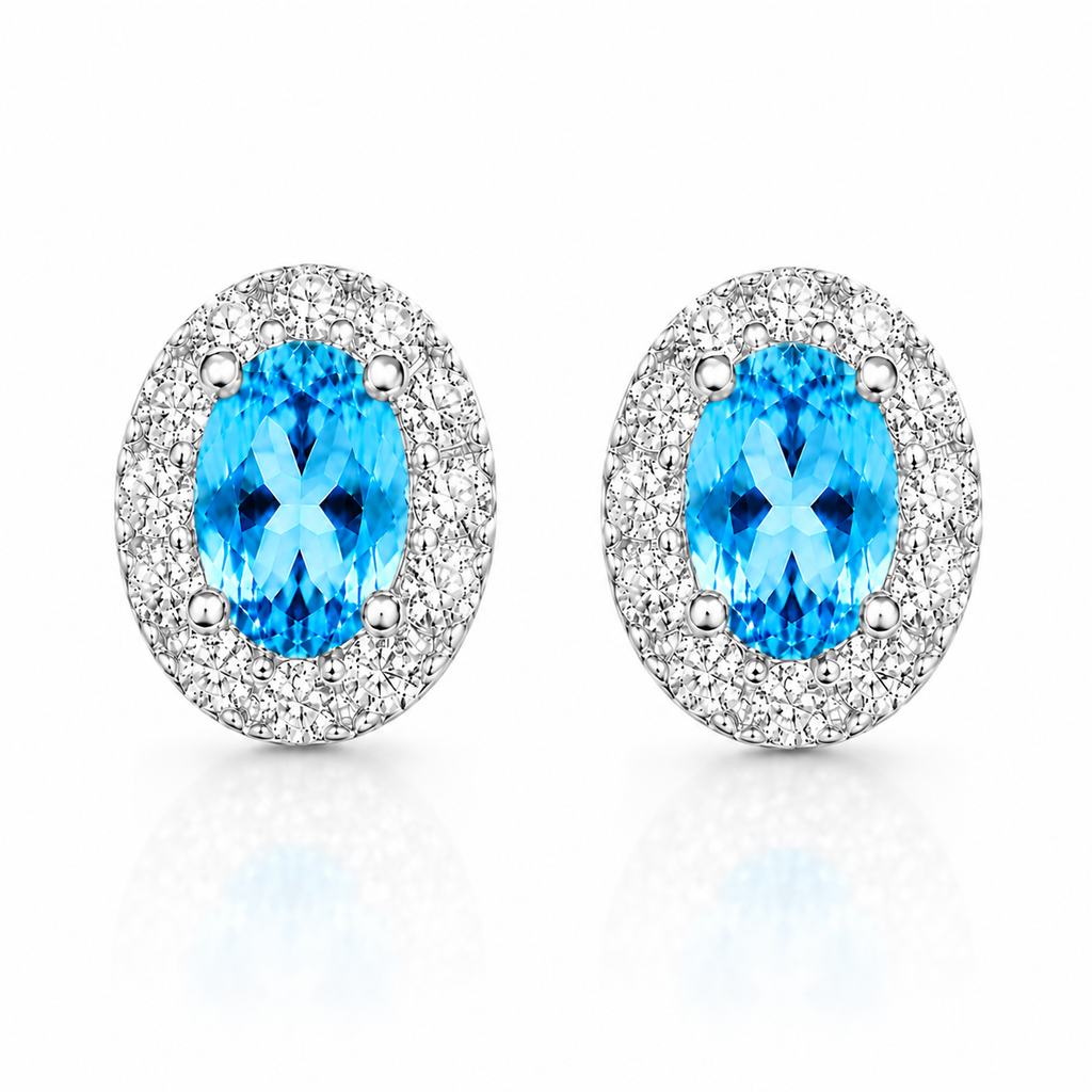 Natural Swiss Blue Topaz oval halo earrings top-down product view