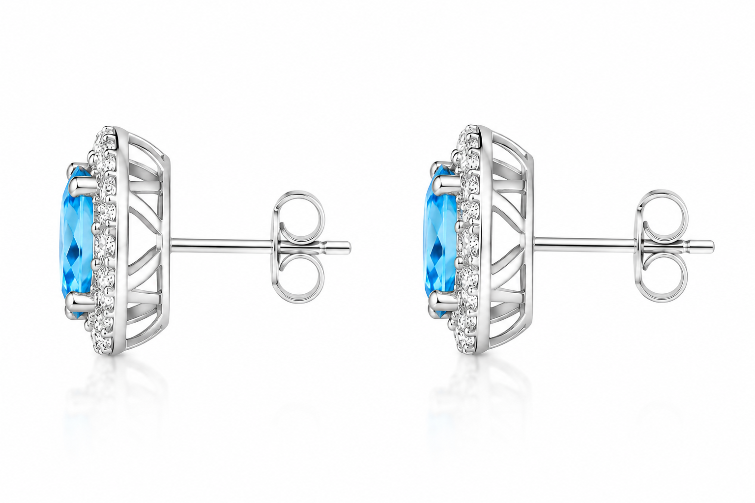 Swiss Blue Topaz halo stud earrings side profile showing posts and sterling silver setting