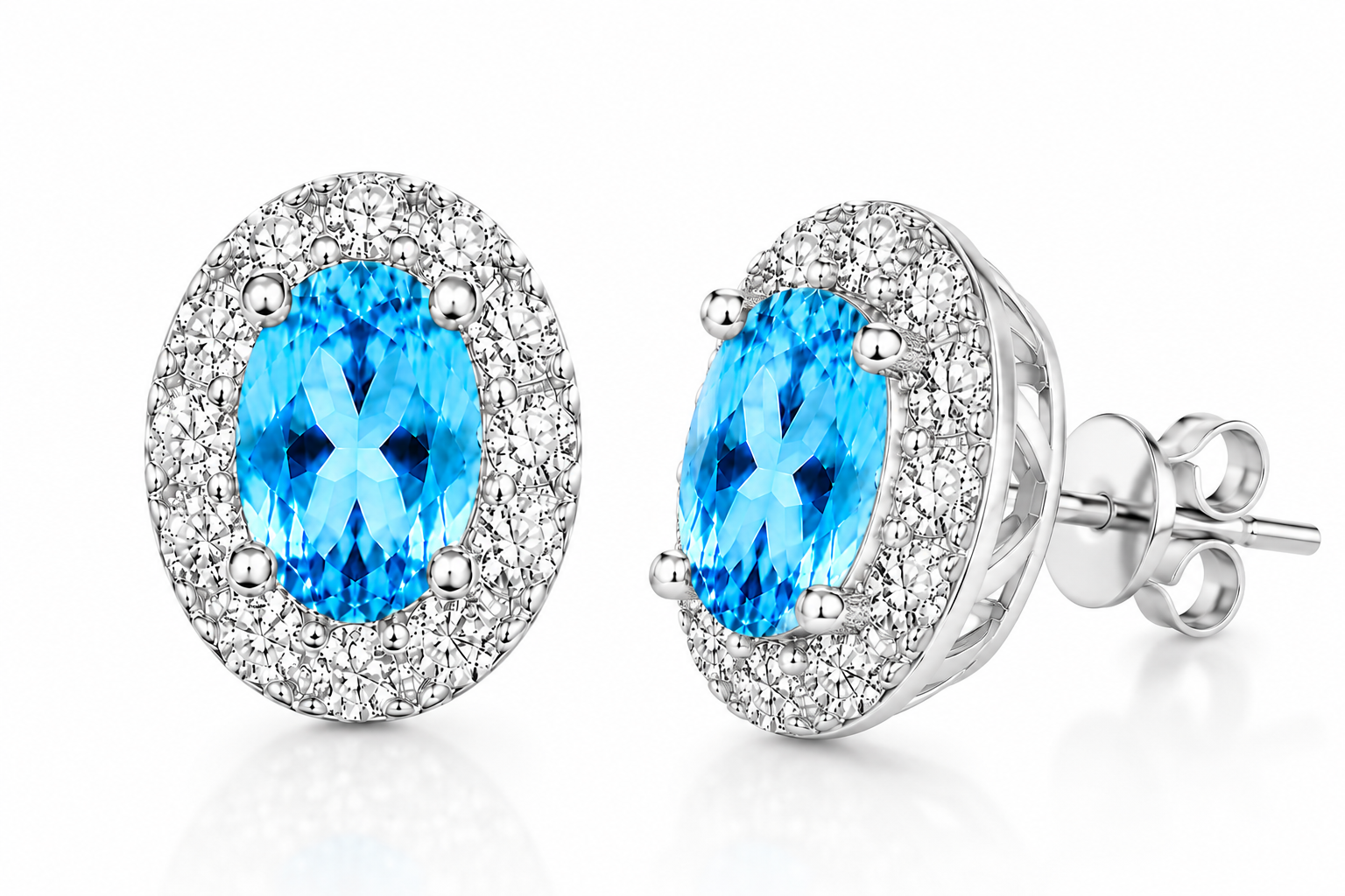 4x6mm Swiss Blue Topaz oval halo stud earrings shown at 45 degree angle