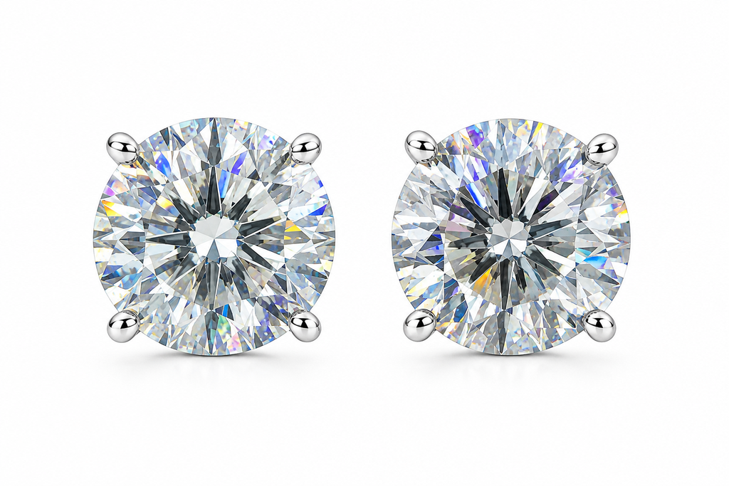 PHIMSERA VVS1 round brilliant moissanite stud earrings in platinum plated 925 sterling silver available in 1CT 2CT or 3CT sizes