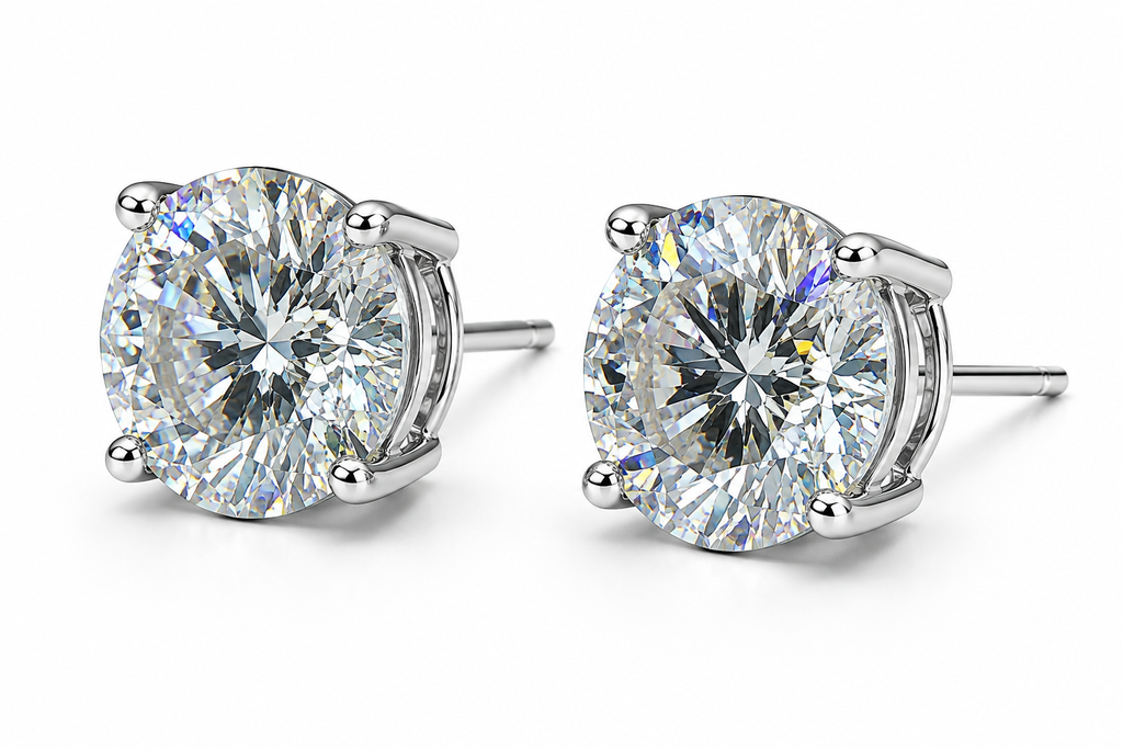 PHIMSERA VVS1 round brilliant moissanite stud earrings in platinum plated 925 sterling silver available in 1CT 2CT or 3CT sizes