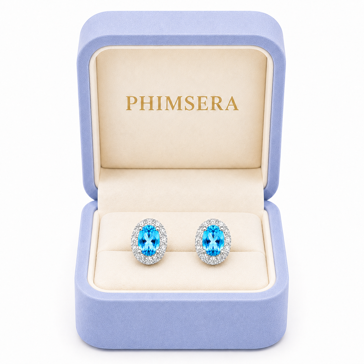 Natural Swiss Blue Topaz halo stud earrings displayed in Phimsera jewelry gift box
