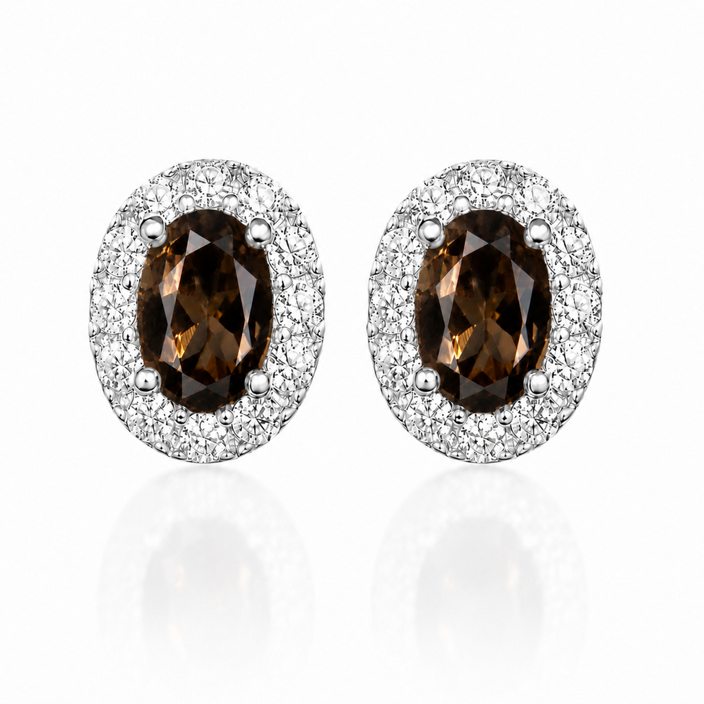 Natural 4x6mm oval smoky quartz halo stud earrings in 925 sterling silver