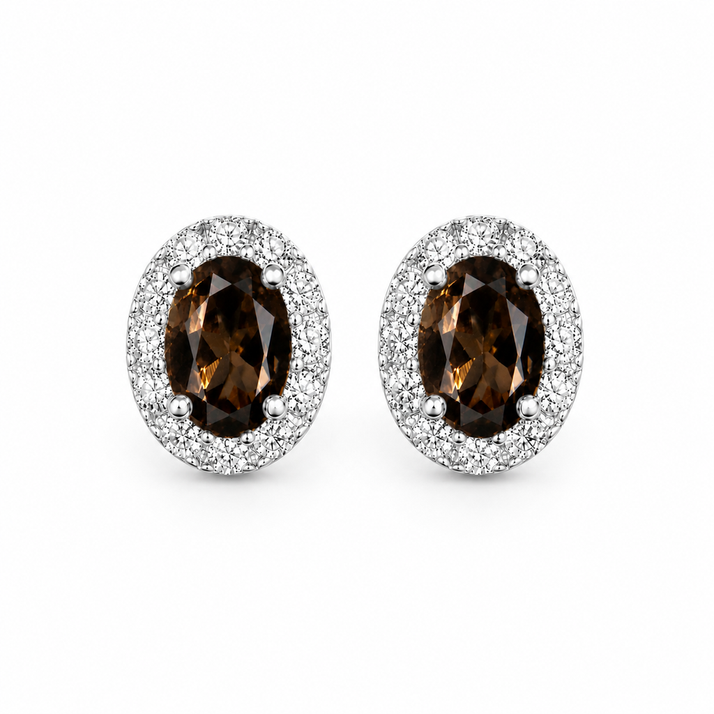 Top view of natural oval smoky quartz halo stud earrings in sterling silver