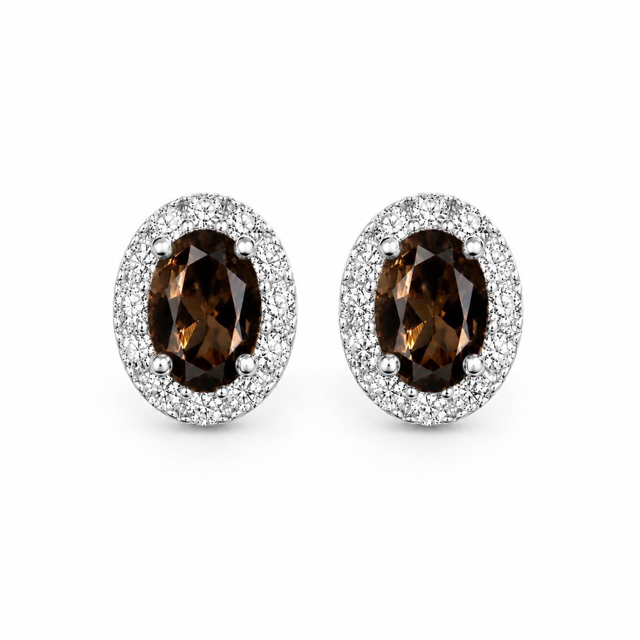 Top view of natural oval smoky quartz halo stud earrings in sterling silver