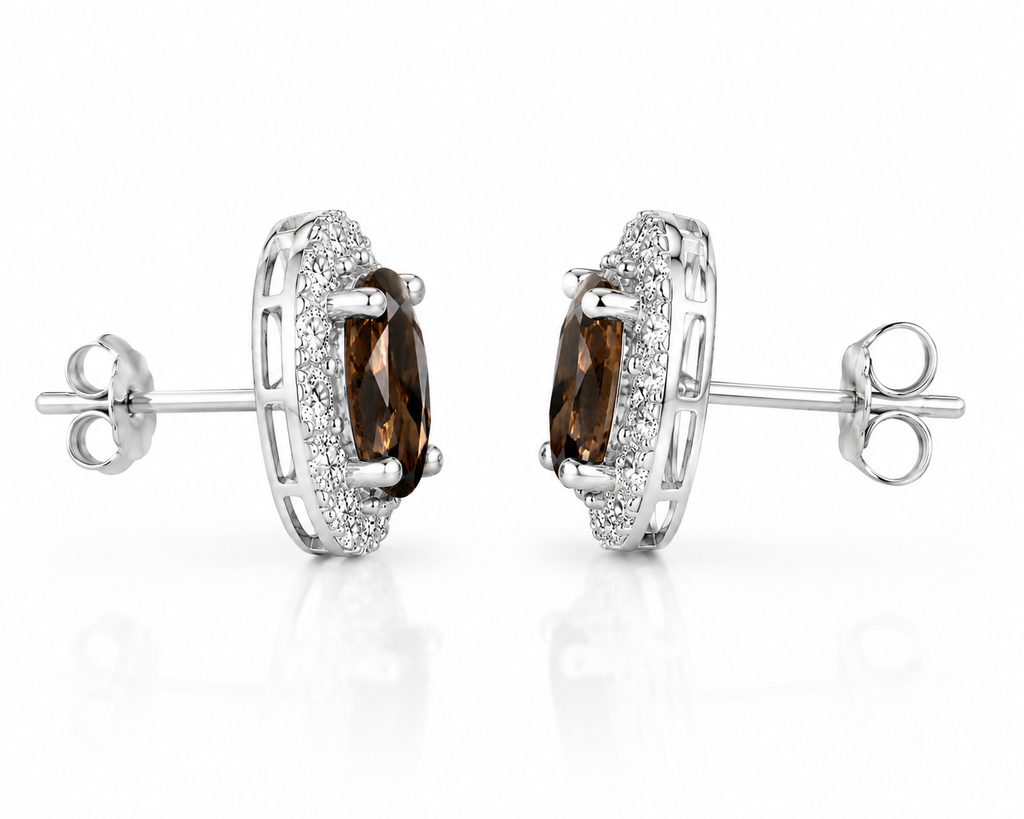 Side profile of 4x6mm smoky quartz halo earrings showing sterling silver setting