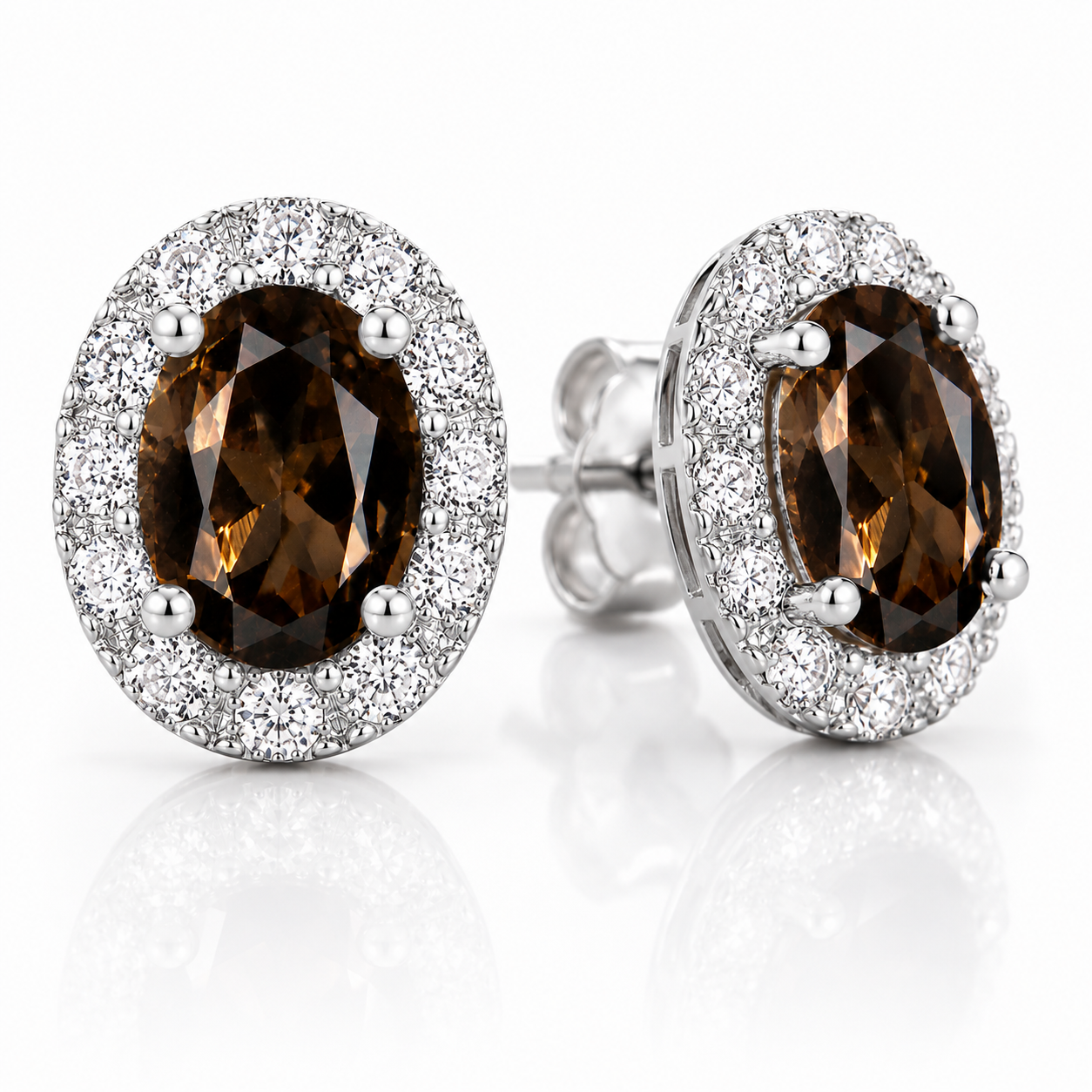 Macro close-up of natural smoky quartz gemstones and sparkling CZ halo earrings