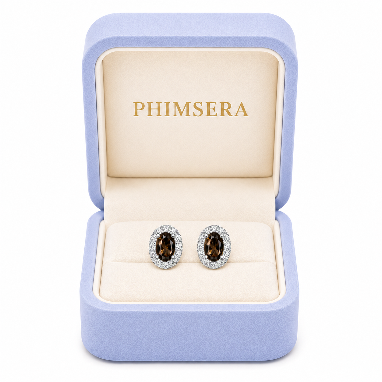 Natural 4x6mm smoky quartz halo earrings presented in Phimsera jewelry gift box