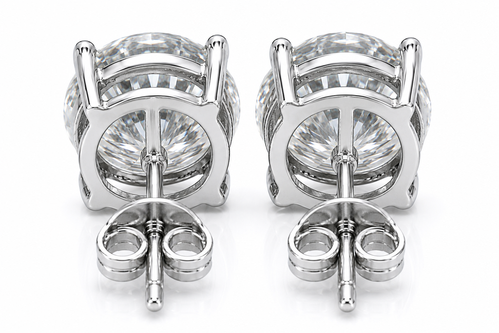 PHIMSERA VVS1 round brilliant moissanite stud earrings in platinum plated 925 sterling silver available in 1CT 2CT or 3CT sizes