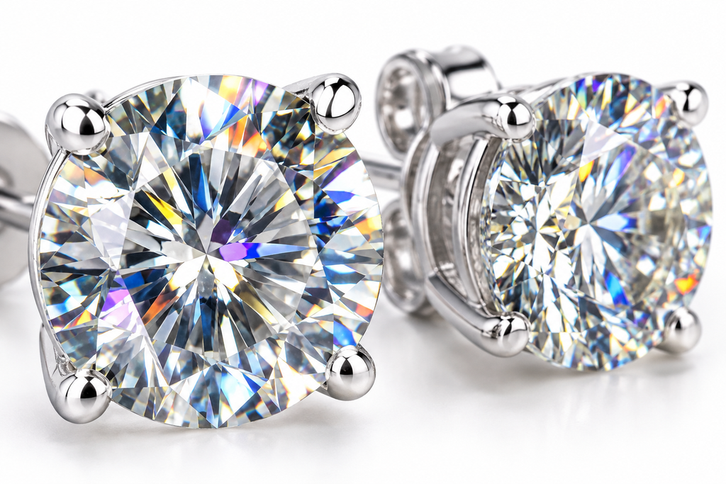 PHIMSERA VVS1 round brilliant moissanite stud earrings in platinum plated 925 sterling silver available in 1CT 2CT or 3CT sizes