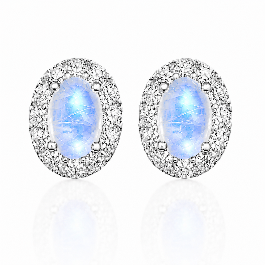 Natural 4x6mm oval Blue Moonstone halo stud earrings in 925 sterling silver