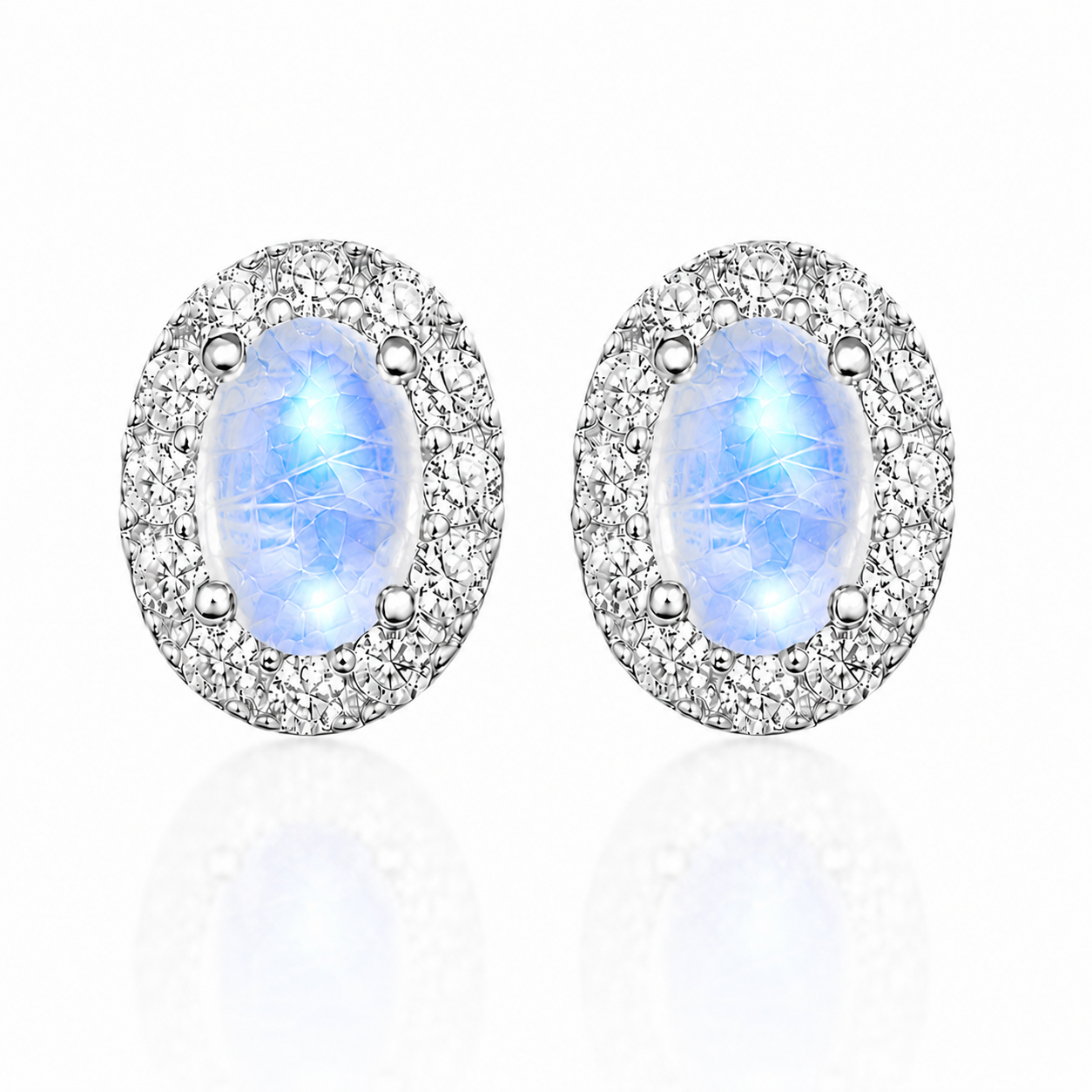 Natural 4x6mm oval Blue Moonstone halo stud earrings in 925 sterling silver