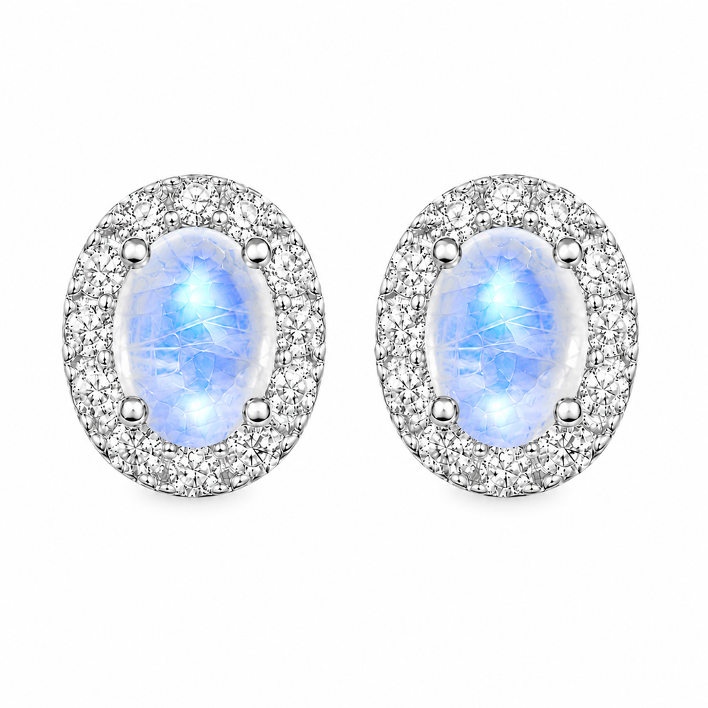 Top view of natural Blue Moonstone oval halo stud earrings with CZ accents