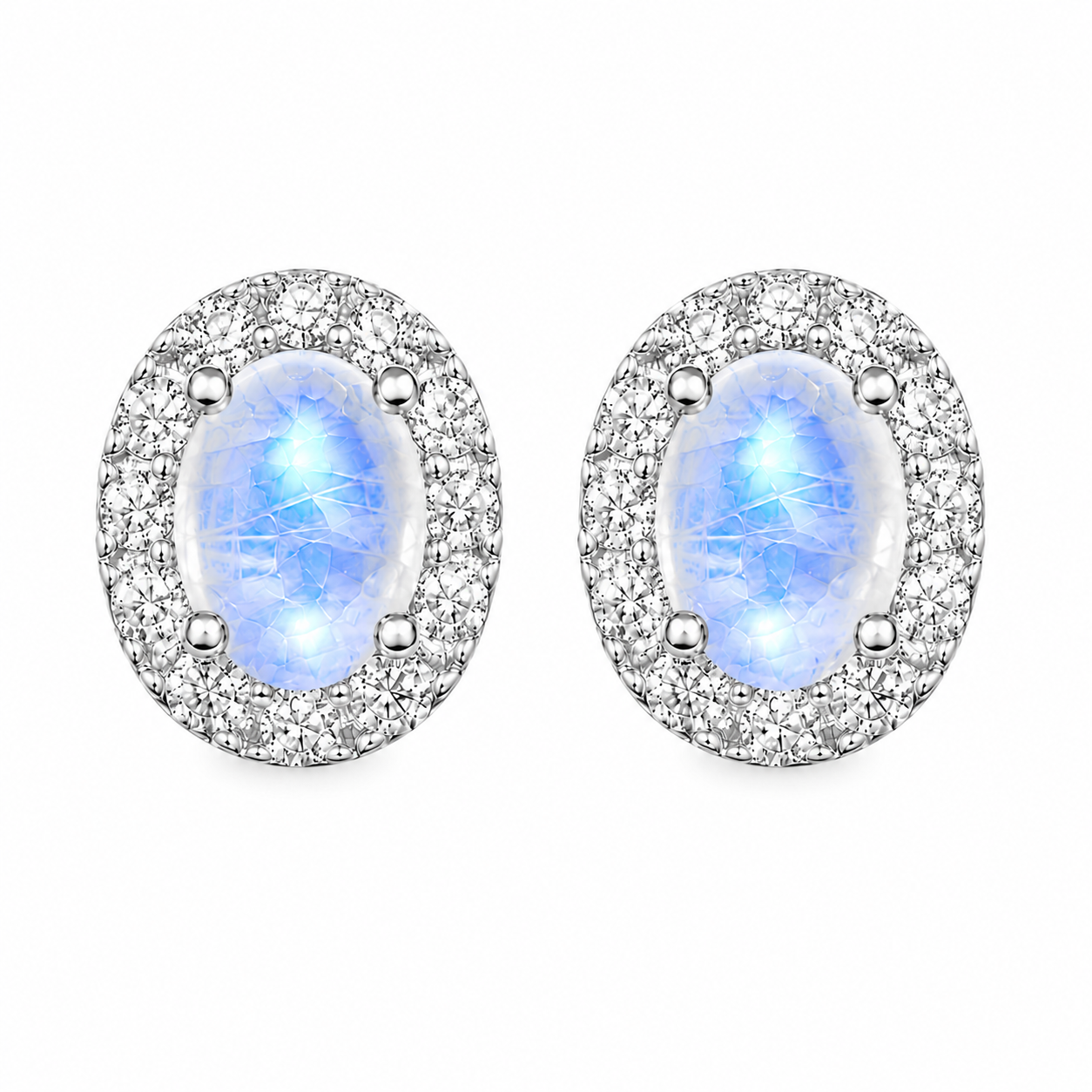 Top view of natural Blue Moonstone oval halo stud earrings with CZ accents