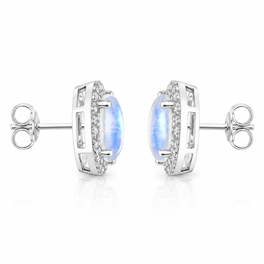 Side profile of 4x6mm Blue Moonstone halo earrings in sterling silver