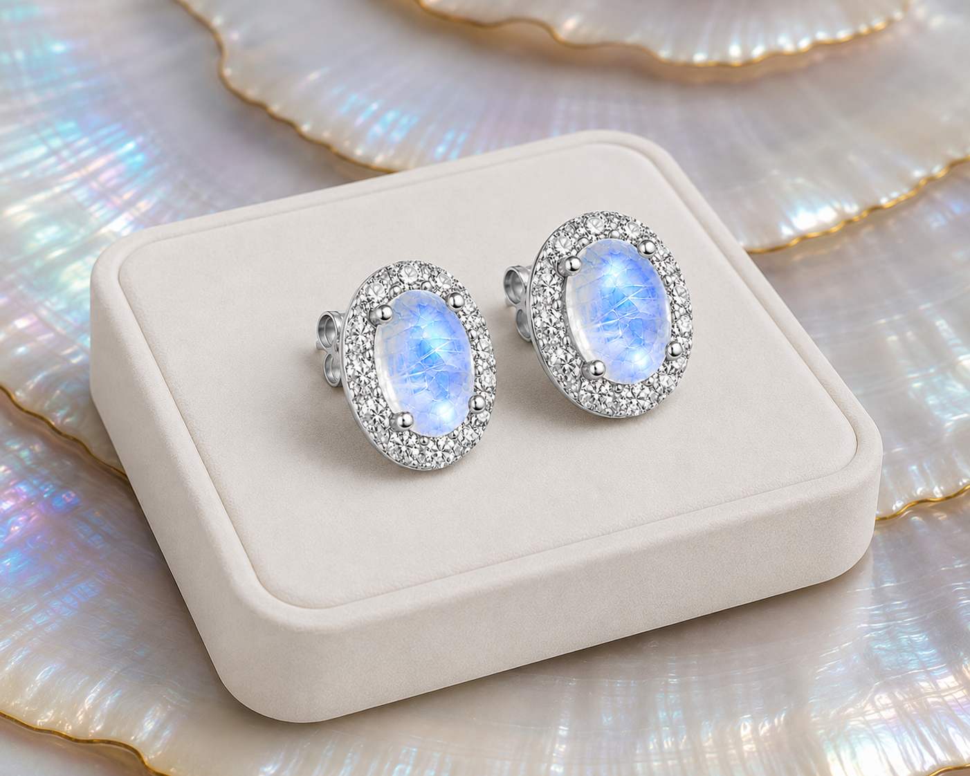 Blue Moonstone sterling silver halo earrings on luxury jewelry display