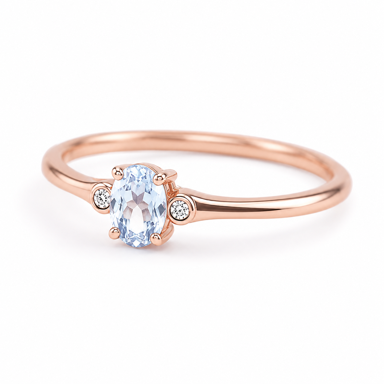 Dainty natural aquamarine ring with 4x6mm oval March birthstone shown at 45 degree angle
