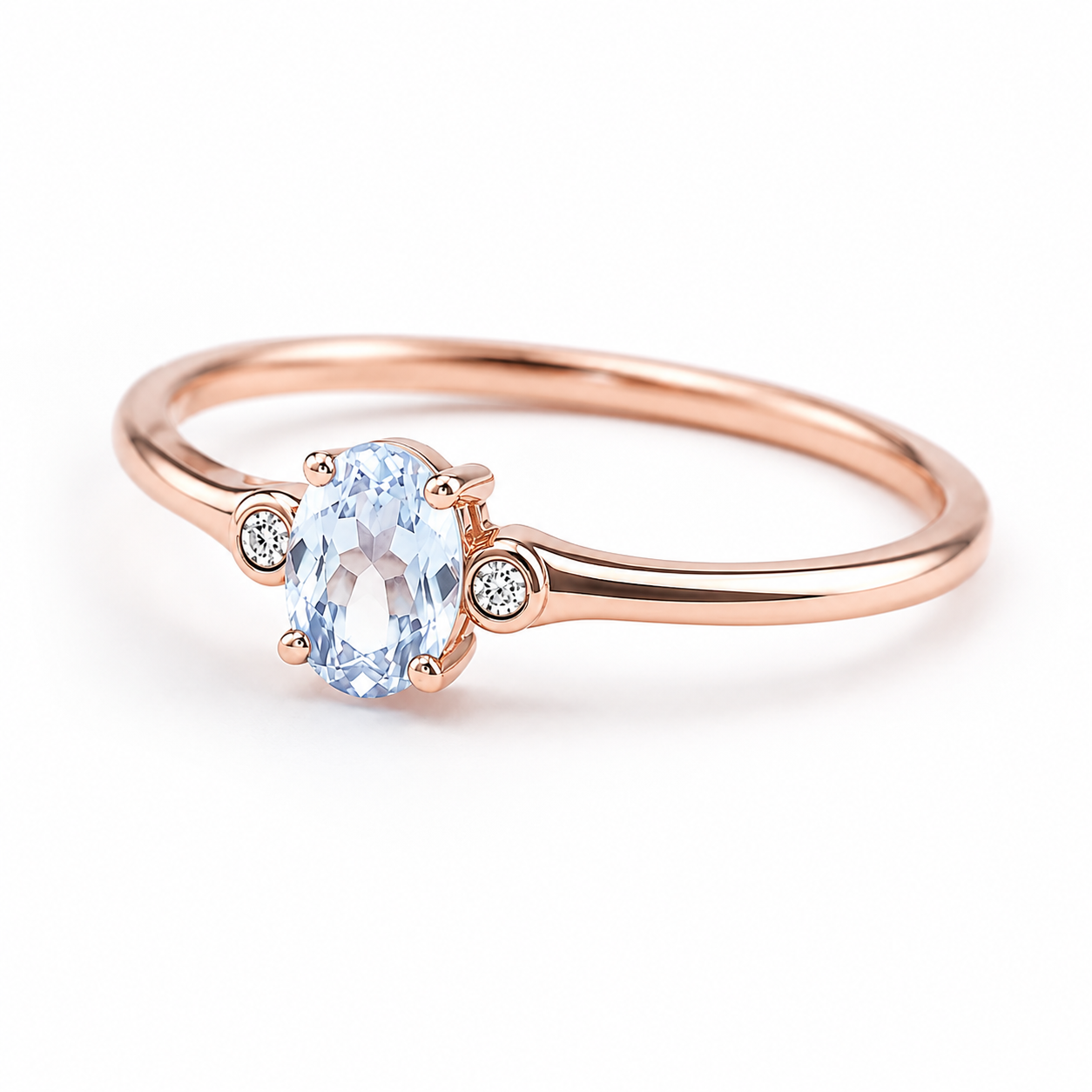 Top view of natural 4x6mm oval aquamarine gemstone ring with petite CZ accents