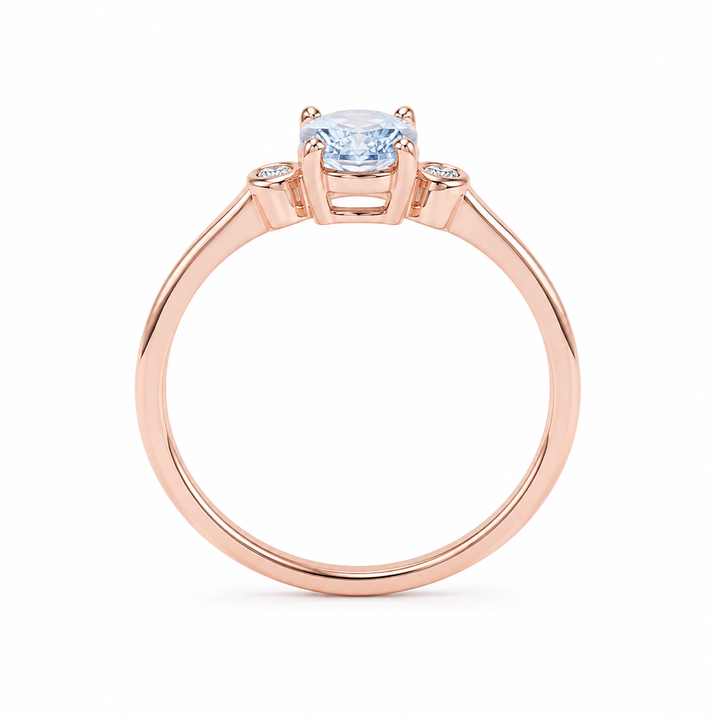 Side profile of delicate natural aquamarine ring in 925 sterling silver
