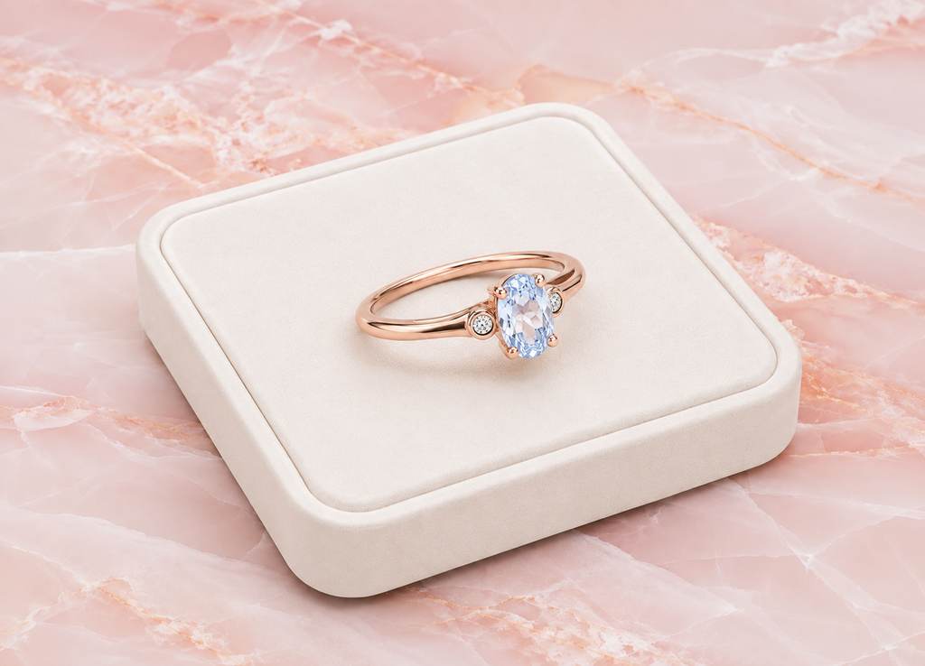 Natural 4x6mm oval aquamarine ring with delicate cubic zirconia accents in sterling silver