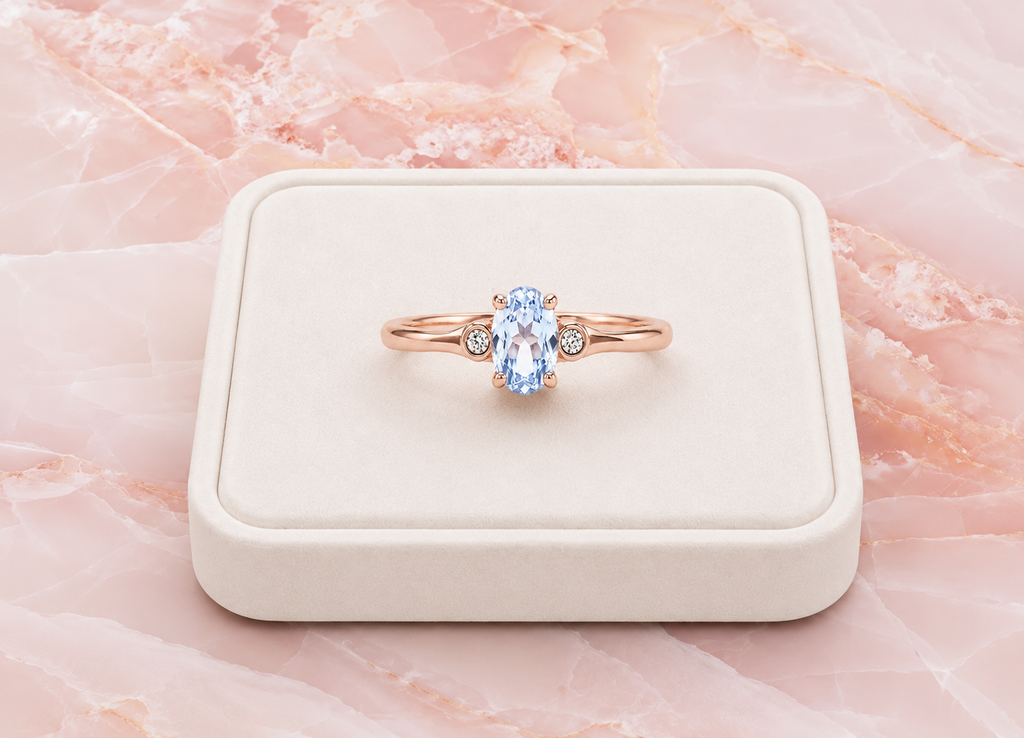 Natural 4x6mm oval aquamarine ring with delicate cubic zirconia accents in sterling silver