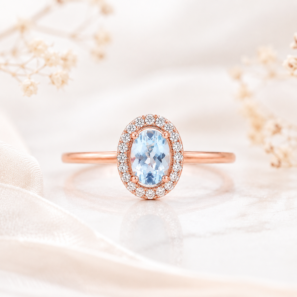 Natural 4x6mm oval aquamarine halo ring with cubic zirconia accents in sterling silver