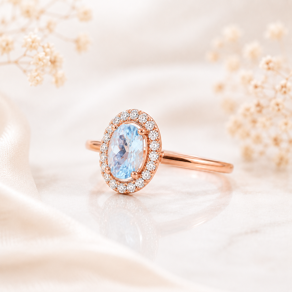 Natural 4x6mm oval aquamarine halo ring with cubic zirconia accents in sterling silver