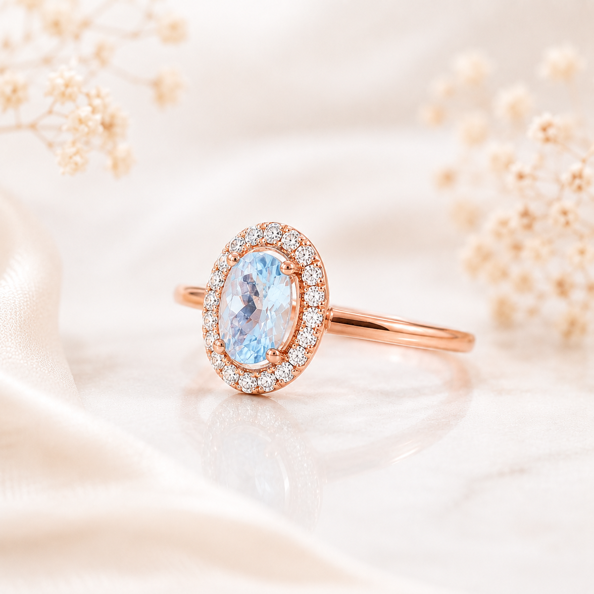 Natural 4x6mm oval aquamarine halo ring with cubic zirconia accents in sterling silver