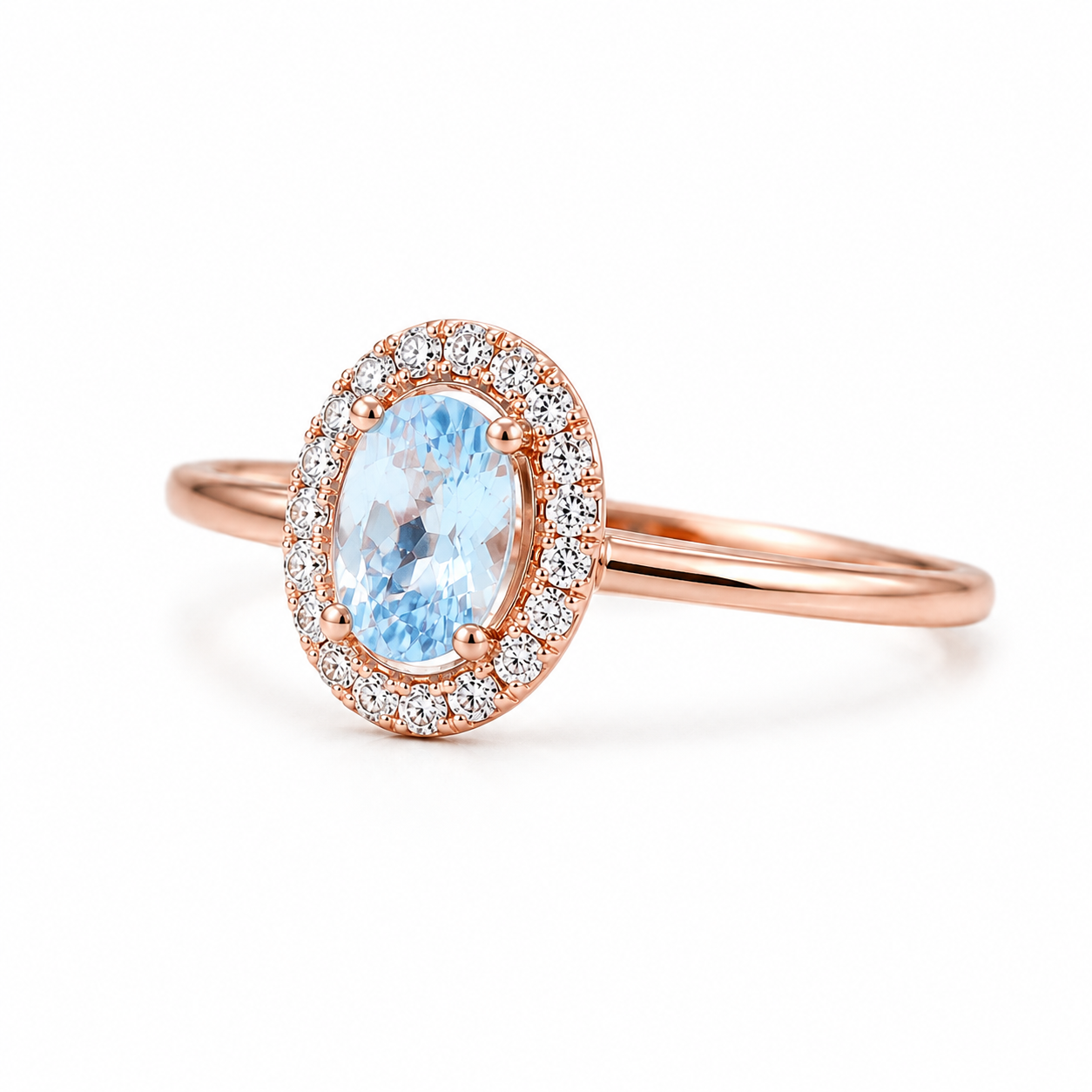 Natural aquamarine ring with 4x6mm oval March birthstone shown at 45 degree angle