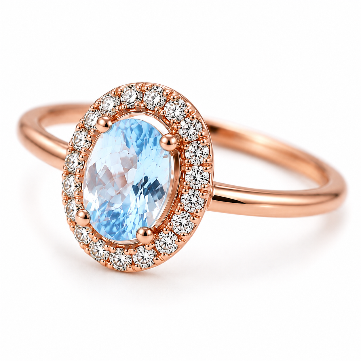 Macro close-up of natural 4x6mm oval aquamarine gemstone and cubic zirconia halo