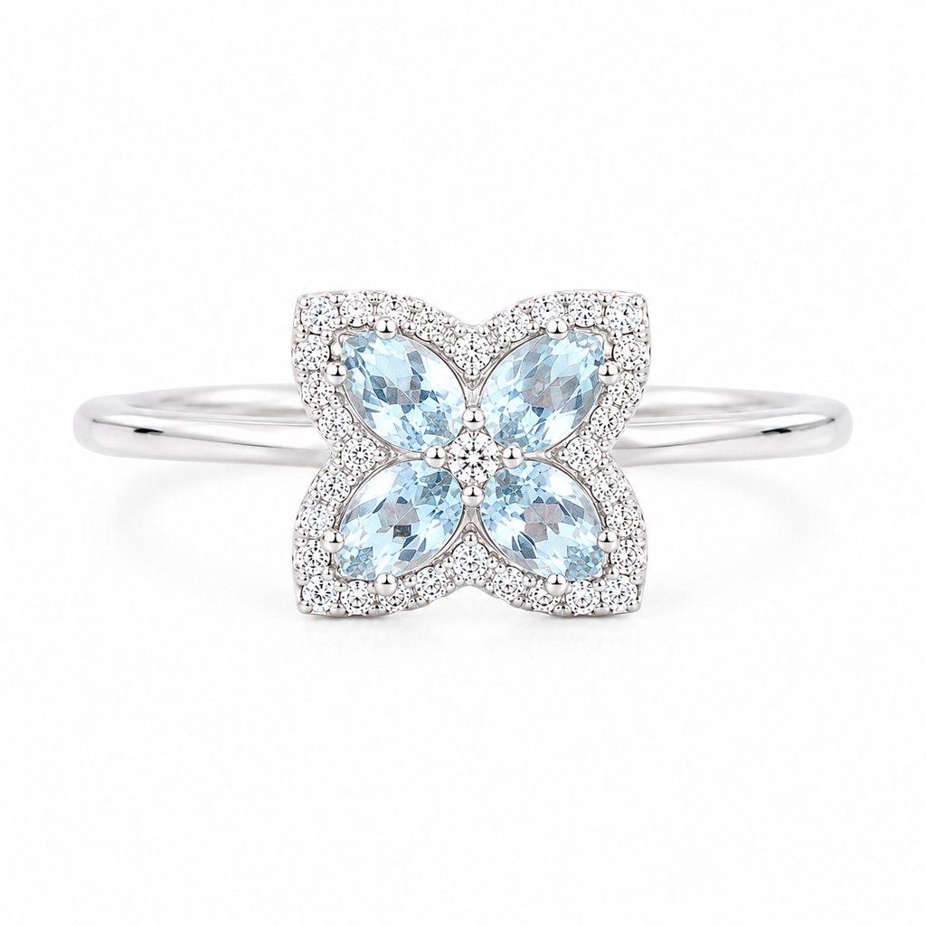 Natural aquamarine floral ring with four 4x5mm gemstones and sparkling accents in sterling silver