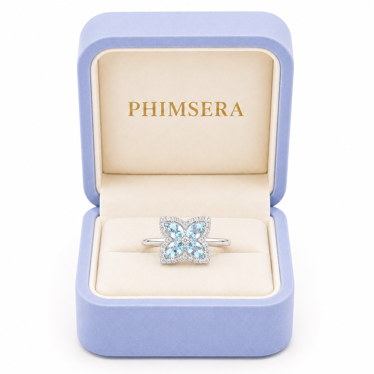 Natural aquamarine 4x5mm floral ring presented in a Phimsera jewelry gift box