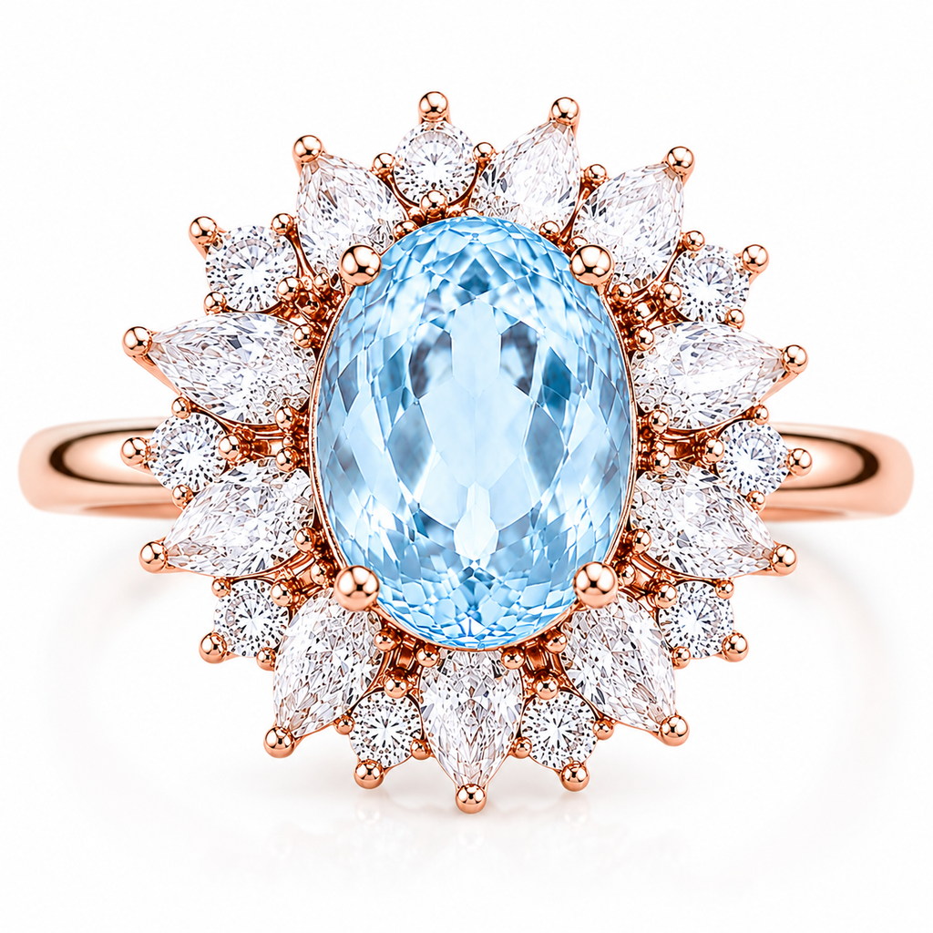 Macro close-up of natural 7x9mm oval aquamarine ring showing gemstone color and sparkle