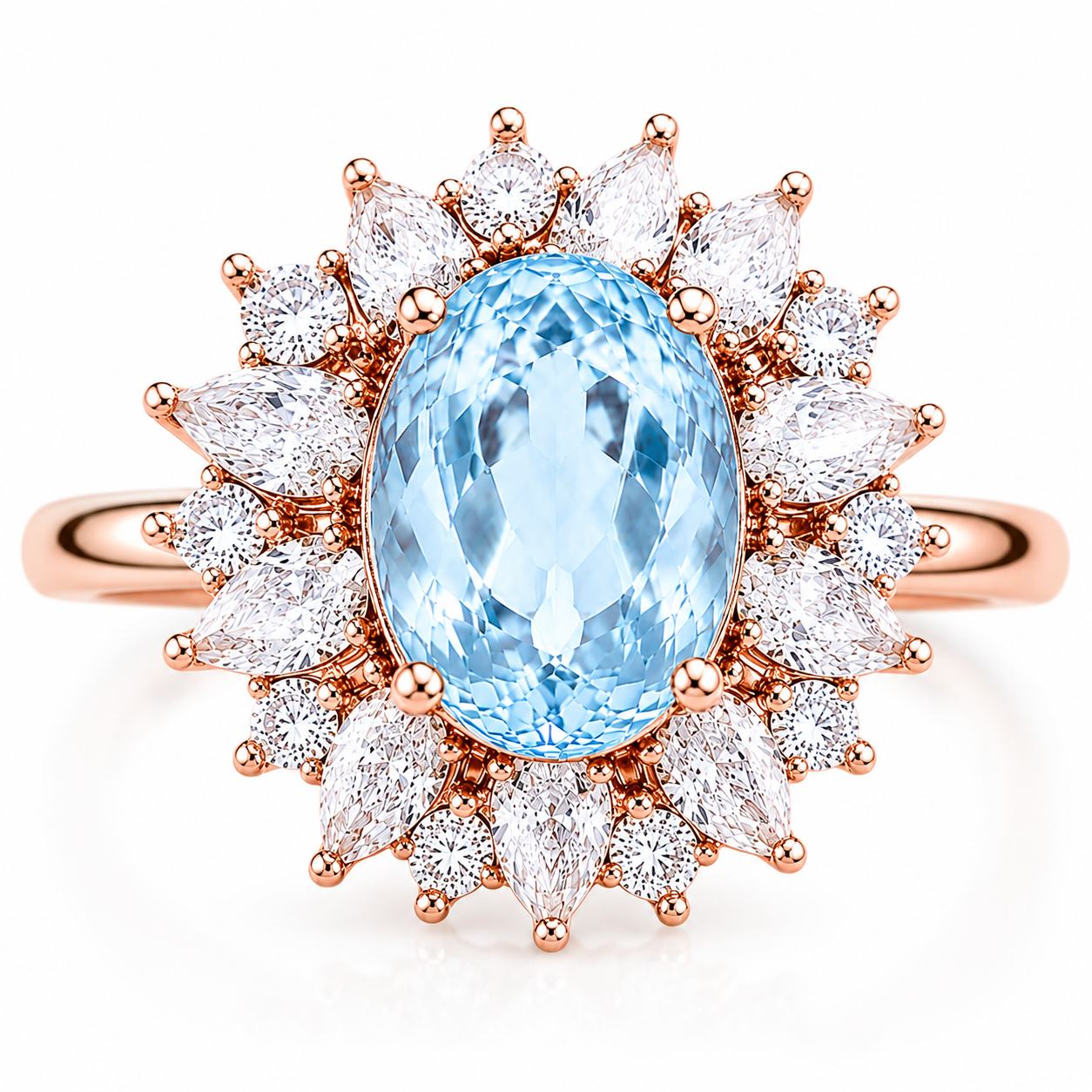 Macro close-up of natural 7x9mm oval aquamarine ring showing gemstone color and sparkle