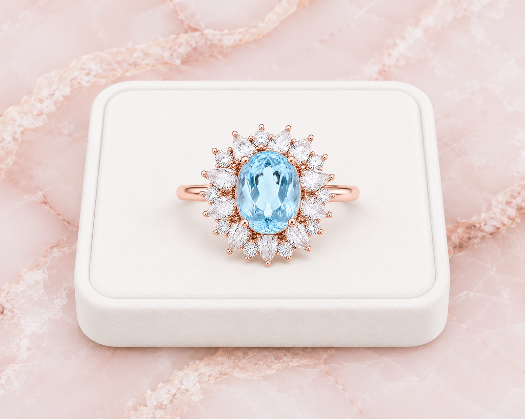 Natural aquamarine gemstone ring with 7x9mm oval March birthstone in sterling silver