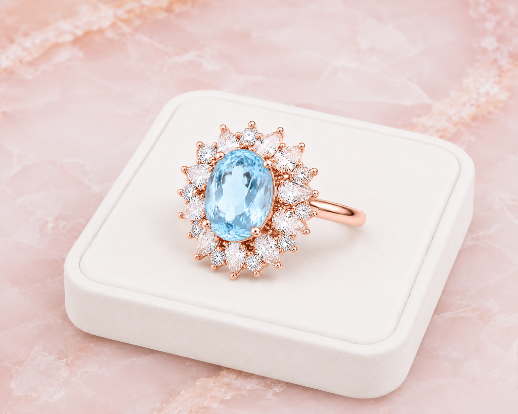 Natural aquamarine gemstone ring with 7x9mm oval March birthstone in sterling silver