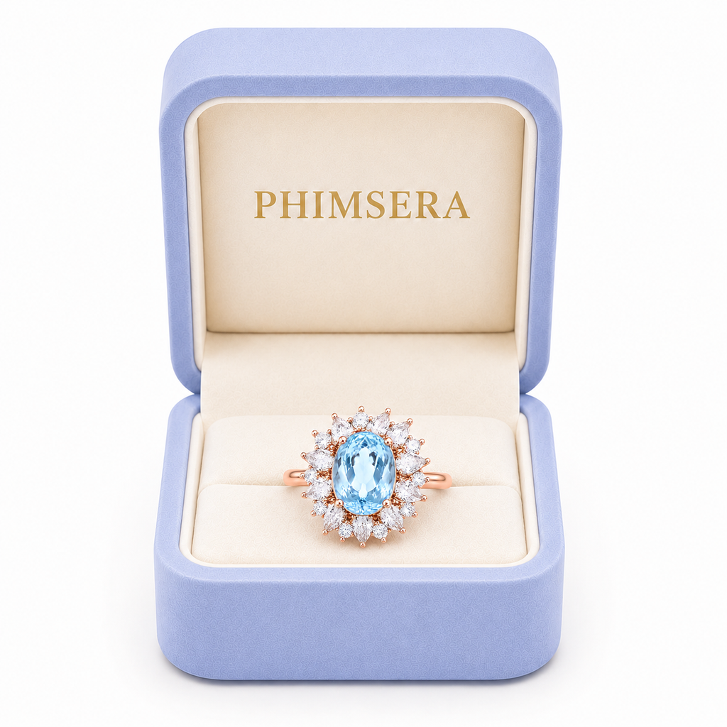 Natural aquamarine gemstone ring with 7x9mm oval March birthstone in sterling silver