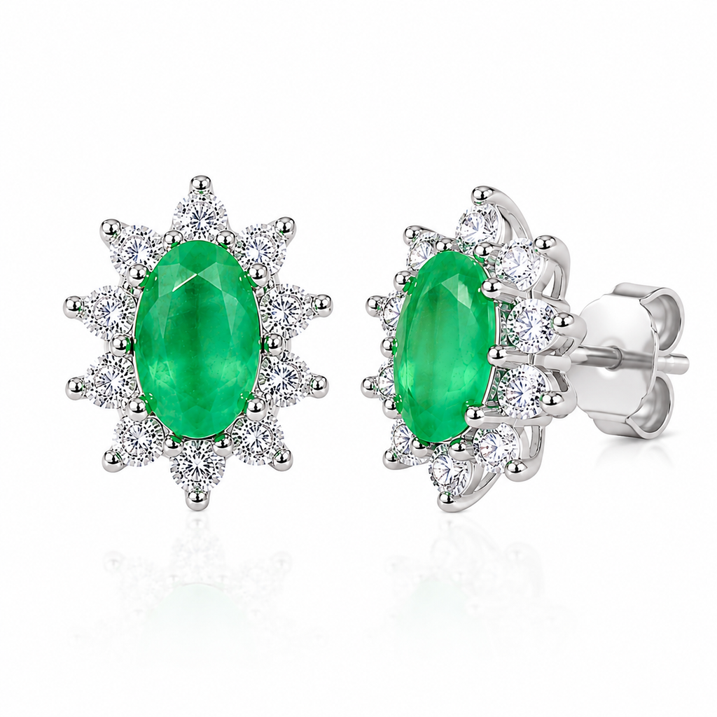 Phimsera natural emerald cluster earrings shown at a 45-degree angle with 3x5mm oval gemstones
