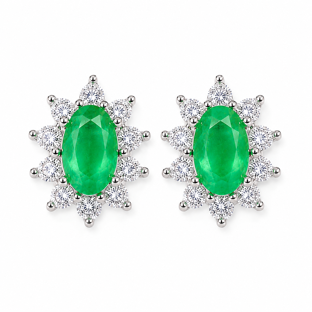 Top-down view of natural 3x5mm emerald earrings with sparkling CZ cluster settings