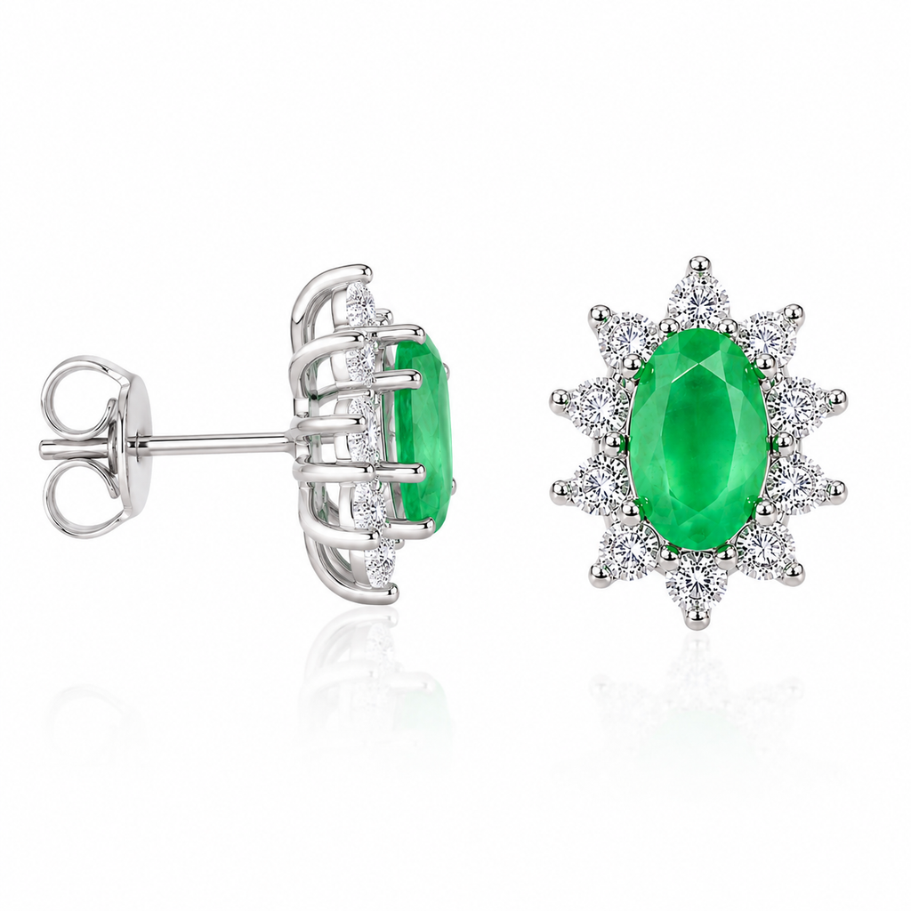 Side profile of natural emerald stud earrings showing sterling silver gemstone settings