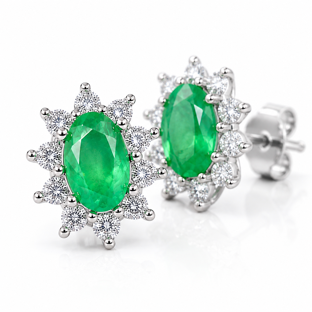 Macro close-up of natural 3x5mm emerald gemstones and sparkling cubic zirconia accents
