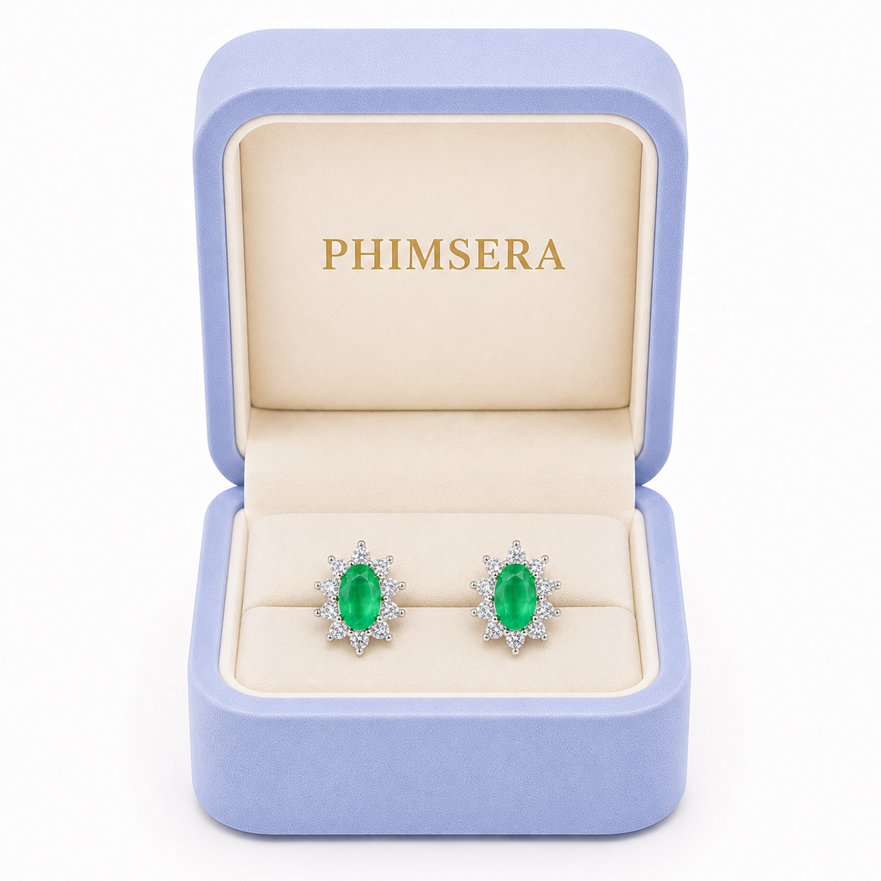 Phimsera natural emerald earrings presented in signature jewelry gift box